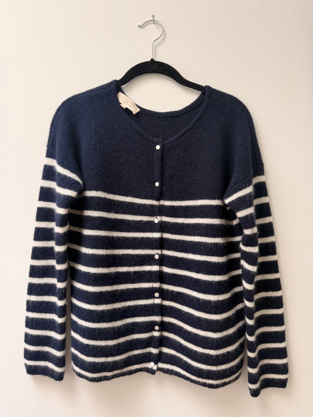 Sezane Navy and White Striped Button-Up Cardigan